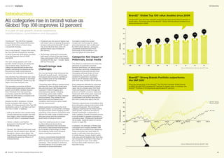 Percentvaluegrowth
10.6%
06 07 08 09 10 11 12 13 14
00
0.5
1.0
USDBillion
1.5
2.0
2.5
3.0
3.5
APR 06 APR 07 APR 08 APR 09 APR 10 APR 11 APR 12 APR 13 APR 14
-60
-40
-20
20
40
60
80
100
BrandZ™ Strong
Brands Portfolio
SP 500
21.2% 0.8%
4.4%
17.1% 0.4%
7.0%
12.0%
Introduction
Introduction
All categories rise in brand value as
Global Top 100 improves 12 percent
In a year of real growth, brands experience
transformation, consolidation and disruption
The BrandZ™ Top 100 Most Valuable
Global Brands 2014 added $310 billion
to reach $2.9 trillion in brand value,
a 12 percent increase.
Prior to the BrandZ™ Global 2014 results,
the Top 100 had increased an average
of about 6 percent, $125 billion, annually
since the financial crisis of 2008
and 2009.
This year, led by apparel, with a 29
percent overall increase, all categories
rose in brand value. And 10 of 14
categories experienced double-digit
growth, indicating that brands across
the economy have moved beyond
recovery into a period of new growth.
Only 18 of the Top 100 brands lost value
compared with an average of 31 brands
in each annual BrandZ™ Global Top 100
report since the financial crisis.
The resurgent economies of North
America and Europe drove brand value
growth as the BRIC markets slowed.
Only 14 brands from fast growing
economies made the 2014 BrandZ™
Global Top 100 ranking compared with
17 brands a year ago.
Despite the BRIC slowdown, Chinese
brands increased their impact. The
number of Chinese brands in the Top 100
declined by one to 11, but that’s up from
only two in 2006. In addition:
— With a 40 percent rise in brand value,
Google claimed the number one rank
from Apple, which held the position
since 2011 when it surpassed Google.
— Twitter, LinkedIn, and PayPal
appeared in the BrandZ™ Top 100
for the first time.
— Tencent, the Internet portal and social
network, led the fastest risers, almost
doubling in brand value. Baidu, the
search engine appreciated 46 percent,
indicating the growing influence of
Chinese brands.
— Facebook was the second fastest riser
with brand value increasing 68 percent.
Amazon entered the BrandZ™ Global
Top 10 for the first time, with a 41
percent brand value increase to
$64.3billion.
— Technology continued to dominate
with nearly a third of the total brand
value and around a fifth of the brands,
including the top four – Google, Apple,
IBM and Microsoft.
Growth brings new
challenges
The two key factors that influenced the
12 percent growth surge – technology
innovations and consumer confidence –
also created some of the challenges
categories experienced.
Consumers were willing to spend money
and they did, even on high-ticket items
like cars and luxury. But chastened by
a period of relative frugality and
empowered by rapidly changing
technology, particularly mobile,
consumers changed how they shopped
and purchased. They waited for the
best prices and purchased more
mindfully, with concerns about health
and the environment.
Retail experienced perhaps the most
dramatic impact, as consumers conflated
the physical and online shopping worlds,
expecting a new kind of convenience that
delivers the wide range available online
with best prices and the immediate
gratification of physical stores.
Clear that retailing would no longer
be about physical stores alone,
retailers scaled back their portfolios
of locations, repurposed existing space
and invested in technology to make
the shopping online and in physical
stores a seamless experience.
In luxury, some brands learned that
they’d become too accessible in an
effort to drive sales during the economic
slowdown. They worked on achieving
the best balance of accessibility and
exclusivity in stores and online.
Carmakers loaded the newest
models with technology for safety
and entertainment. But conditioned
by their mobile devices, car buyers
sometimes expected even more
technology to be available in cars
with the speed of a download.
Categories feel impact of
Millennials, social media
This effort to understand and meet the
demands of customers touched
financial institutions, not always known
for customer centricity. Global banks
increased services and warmed their
messaging, although levels of trust
remained low. Insurers developed
systems to respond to customers
one-to-one in relevant ways rather
than with mass, product driven efforts.
Even categories affected by consumer
health concerns appreciated in brand
value, but at a slower pace. Fast food,
which continued to work through the
pressure of health concerns, improved
10 percent. Soft drinks grew 4 percent
although the consumption of CSDs
(Carbonated Soft Drinks) declined for
the ninth consecutive year in the US.
Telecoms experienced consolidation and
price disruption pressure but brand value
improved 8 percent. The oil and gas
category experienced the lowest brand
value growth, 3 percent, because of
slowed investment in exploration. In
every category, brands increased activity
in social media to engage consumers in
innovative ways. (Please see the BrandZ™
Verve Index, a special report on social
media on page 46).
In addition, the attitudes of Millennials,
individuals born roughly between 1981
and 1999, also touched most categories.
These consumers are more likely to
prefer a craft beer, bank and shop on
a mobile device, choose vitamin water
over cola and eat healthier fast food, but
not exclusively. And they’re less likely to
buy insurance or own a car, either
because they prefer sharing or don’t
have the money. Source: Millward Brown Optimor, BrandZ™ data
Source: Millward Brown Optimor, BrandZ™ data
BrandZ™ Strong Brands Portfolio outperforms 	
the SP 500
Since the introduction of the BrandZ™ Top 100 Most Valuable Global Brands
in 2006, the SP 500 increased 44.7 percent in market value. In contrast, the
BrandZ™ Portfolio of Strong Brands appreciated 81.1 percent.
BrandZ™ Global Top 100 value doubles since 2006
The BrandZ™ Top 100 Most Valuable Global Brands 2014 appreciated 12 percent in
brand value. The brand value of the BrandZ™ Global 100 has almost doubled since
being introduced in 2006.
10  BrandZ™ Top 100 Most Valuable Global Brands 2014 11
Section 01  |  Highlights
 