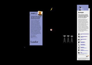 Differentiating brands
To strengthen differentiation, BT added
content. The UK-based telecom
purchased the rights to English Premier
Football, adding over two million new
subscribers and driving up revenue.
The added value helped justify
premium pricing.
Vodafone offered customers a pricing
package with content that included either
Sky Sports or Spotify. Vodafone’s
balance sheet strengthened with the
$130 billion sale of its 45 percent stake
in Verizon.
In a category noisy with competitive
claims, the challenge to differentiate is
compounded because consumers can be
skeptical about what they hear. In the US,
Verizon promoted its technical expertise
in a series of full-page newspaper ads
extolling its first place finish on a variety
of technical metrics.
ATT made similar points in an
approachable style with a TV campaign
titled “It’s not complicated,” in which a
man in a suit sits at a low table with
school children and listens to their
humorous, but logical, explanations of
why “big is better” or “now is better.”
Fast growing markets
European brands, looking to diversify out
of the commodity constraints in their
home markets, looked for profitable
volume growth in fast growing markets.
By purchasing the stake of its local
minority partner, Vodafone took control
of its business in India. It continued to
develop business in Africa through
Vodacom, a subsidiary.
Meanwhile, South Africa’s MTN continued
to expand in the Middle East and in
Africa. The Indian telecom Bharti Airtel is
among the competitors also providing
mobile services in Africa, an area with
over a billion people underserved by
fixed-line infrastructure and Internet.
Movistar benefited from the improvement
in Spain’s economy and the brands
extensive presence in Latin America. A
combination of financial performance
and brand strength drove its 56 percent
increase in brand value.
China Mobile remained the world’s
largest telecom by far, with over 750
million subscribers. After launching 4G, it
rapidly expanded its network and
introduced the iPhone. It also offered two
low-price handsets under its own brand
to increase its share of the 3G market,
where it competes with China Unicom
and China Telecom, which also are
building 4G networks.
Competition heated up in Russia, with the
merger of state-owned Rostelekom and
Sweden’s Tele2 to create a fourth
telecom in a market dominated by MTS
along with Megafon and VimpelCom.
MTS continued to leverage its brand and
network to develop a bank offering
extensive financial services.
Action Points for Brand Building
1. Be clear
Communicate a clear proposition about
the brand’s technical competence,
but deliver it in a memorable way that
explains the benefits of the network to
the consumer.
2. Tailor the message
Market the brand to a range of customers
from technically savvy trendsetters to
high-value customers who simply want
something that works reliably.
3. Focus on households
A major question for telecoms is who’s
going to own the household. Gaining
a family with 10 devices is more of an
acquisition than a user switch.
4. Think global
For the major telecom providers that are
now local, regional or even international,
the next move is to become global, one
brand serving customers worldwide.
Spotlight
Fast growing market
consumers select pay-
as-you-go options
Consumers in developed
markets usually pay for mobile
phone service with contract
arrangements that may include
subsidies covering the price of
the phone. With less predictable
income, consumers in fast
growing markets are more likely
to buy an affordable phone
and pay for telecom service as
they use it. India has the highest
percent of mobile pay-as-you go
customers. The US has the lowest,
but the market is experiencing
a period of disruption with
challenger brands offering pay-
as-you-go options.
India
Brazil
Russia
Germany
UK
Europe
Spain
US
Insight
Contract-free pricing
disrupts US market,
pressuring brands
This year’s challenge, at least
in the US, is the availability
of telecom service without a
contract. It will resonate with
consumers who, as a general
rule, dislike being locked into
anything. You hate it, but you
do it. Once a brand breaks that
paradigm and says, you can get
good connection without signing
your life away, the consumer will
pay attention. The big players will
feel enormous pressure. They’ve
become comfortable with the
category’s stability. Contracts
were seen as normal. But in the
future, more consumers will ask,
“If I can’t see the difference, why
pay the difference?”
Allen Adamson
Chairman, North America
Landor
allen.adamson@landor.com
Powerful brands risk	
Seeming too arrogant
The Top 10 telecoms are some of
the world’s most powerful brands.
Consumers rate them high as being
extremely successful and “in control.”
However, this status comes with a
warning because consumers also see
the brands as “arrogant” (only second in
degree to the banks).
Insights: BrandZ™ BigData
Success
118
In Control
118
Arrogant
112
Source: BrandZ™ database
All brands average = 100
Source: TGI 2013 / Base: All adults 18+
Percentages don’t total 100 because of other
responses or no response. Europe includes the
UK, Spain, Germany and France.
Prepaid/Pay-as-you-go
Contract – Monthly/Annual/Multi-year
80
5
64
22
55
11
41
38
41
48
32
56
28
71
12
62
122  BrandZ™ Top 100 Most Valuable Global Brands 2014 123
Technology | Telecom ProvidersSection 03  |  The Categories
 