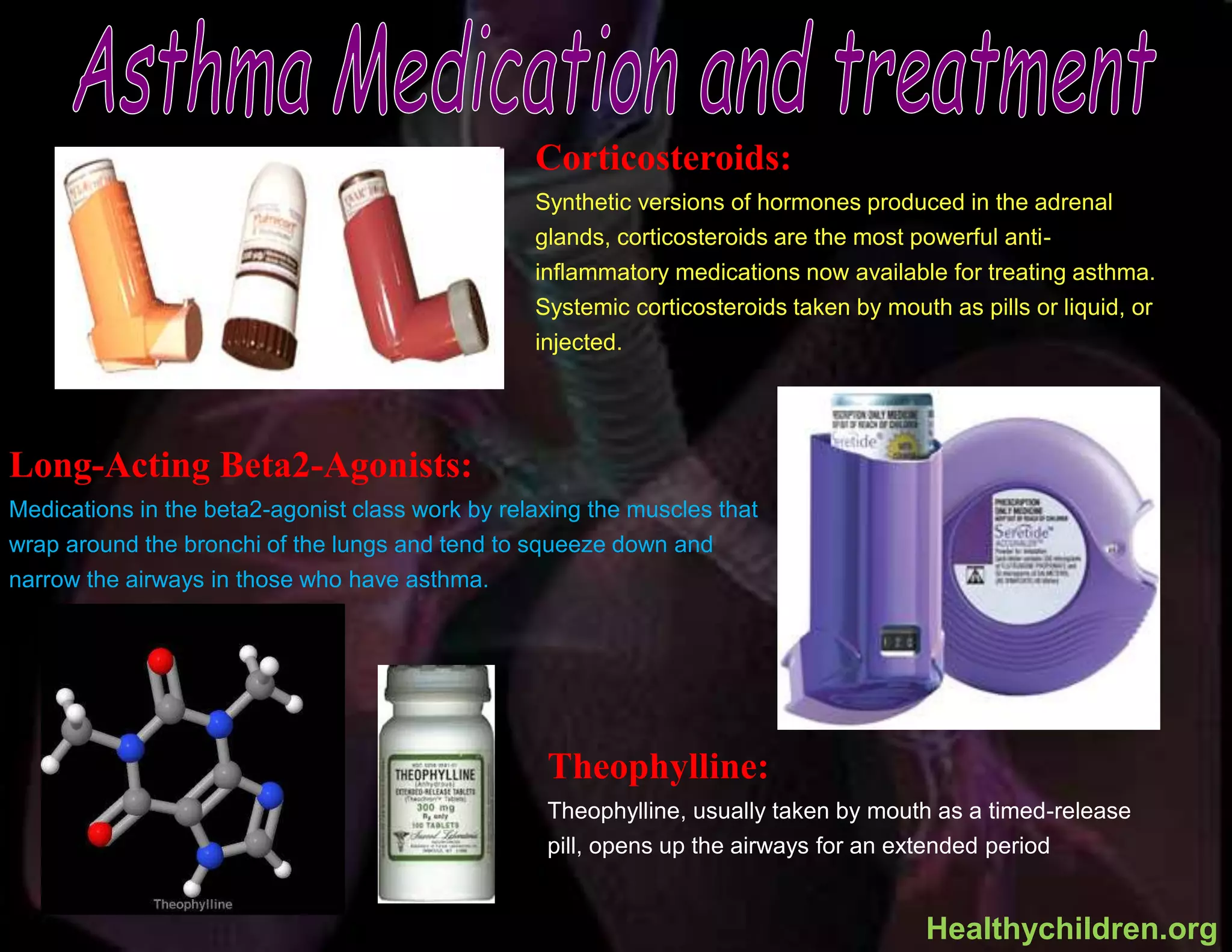 Corticosteroids:
Synthetic versions of hormones produced in the adrenal
glands, corticosteroids are the most powerful anti-
inflammatory medications now available for treating asthma.
Systemic corticosteroids taken by mouth as pills or liquid, or
injected.
Long-Acting Beta2-Agonists:
Medications in the beta2-agonist class work by relaxing the muscles that
wrap around the bronchi of the lungs and tend to squeeze down and
narrow the airways in those who have asthma.
Theophylline:
Theophylline, usually taken by mouth as a timed-release
pill, opens up the airways for an extended period
Healthychildren.org
 