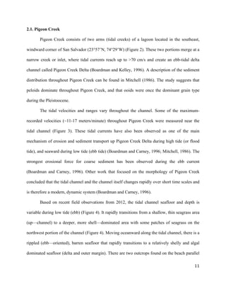   	
  
	
   	
  
	
   	
   	
  
11	
  
2.1. Pigeon Creek
Pigeon Creek consists of two arms (tidal creeks) of a lagoon located in the southeast,
windward corner of San Salvador (23°57’N, 74°29’W) (Figure 2). These two portions merge at a
narrow creek or inlet, where tidal currents reach up to >70 cm/s and create an ebb-tidal delta
channel called Pigeon Creek Delta (Boardman and Kelley, 1996). A description of the sediment
distribution throughout Pigeon Creek can be found in Mitchell (1986). The study suggests that
peloids dominate throughout Pigeon Creek, and that ooids were once the dominant grain type
during the Pleistoocene.
The tidal velocities and ranges vary throughout the channel. Some of the maximum-
recorded velocities (~11-17 meters/minute) throughout Pigeon Creek were measured near the
tidal channel (Figure 3). These tidal currents have also been observed as one of the main
mechanism of erosion and sediment transport up Pigeon Creek Delta during high tide (or flood
tide), and seaward during low tide (ebb tide) (Boardman and Carney, 1996; Mitchell, 1986). The
strongest erosional force for coarse sediment has been observed during the ebb current
(Boardman and Carney, 1996). Other work that focused on the morphology of Pigeon Creek
concluded that the tidal channel and the channel itself changes rapidly over short time scales and
is therefore a modern, dynamic system (Boardman and Carney, 1996).
Based on recent field observations from 2012, the tidal channel seafloor and depth is
variable during low tide (ebb) (Figure 4). It rapidly transitions from a shallow, thin seagrass area
(up—channel) to a deeper, more shell—dominated area with some patches of seagrass on the
northwest portion of the channel (Figure 4). Moving oceanward along the tidal channel, there is a
rippled (ebb—oriented), barren seafloor that rapidly transitions to a relatively shelly and algal
dominated seafloor (delta and outer margin). There are two outcrops found on the beach parallel
 