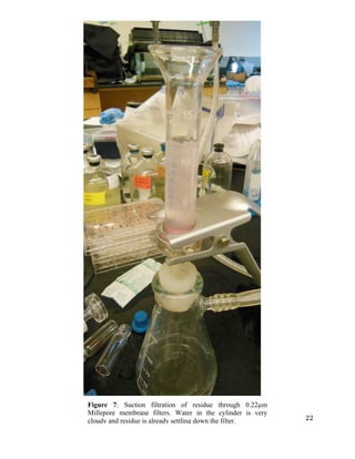   	
  
	
   	
  
	
   	
   	
  
22	
  
Figure 7: Suction filtration of residue through 0.22µm
Millepore membrane filters. Water in the cylinder is very
cloudy and residue is already settling down the filter.
 