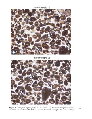   	
  
	
   	
  
	
   	
   	
  
28	
  Figure 11: Petrographic photographs of S2 (1) and S2 (2). This is an example of a sample
where ooids were observed to be less dominant than in other samples. Scale size is 200µm.
S2 Petrography (1)
S2 Petrography (2)
 
