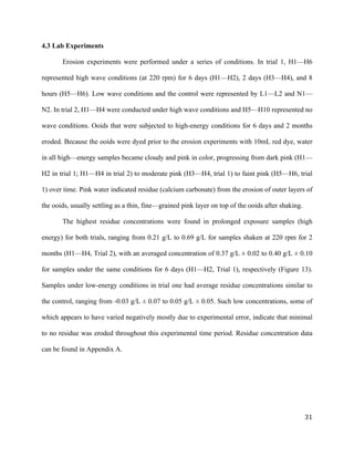   	
  
	
   	
  
	
   	
   	
  
31	
  
4.3 Lab Experiments
Erosion experiments were performed under a series of conditions. In trial 1, H1—H6
represented high wave conditions (at 220 rpm) for 6 days (H1—H2), 2 days (H3—H4), and 8
hours (H5—H6). Low wave conditions and the control were represented by L1—L2 and N1—
N2. In trial 2, H1—H4 were conducted under high wave conditions and H5—H10 represented no
wave conditions. Ooids that were subjected to high-energy conditions for 6 days and 2 months
eroded. Because the ooids were dyed prior to the erosion experiments with 10mL red dye, water
in all high—energy samples became cloudy and pink in color, progressing from dark pink (H1—
H2 in trial 1; H1—H4 in trial 2) to moderate pink (H3—H4, trial 1) to faint pink (H5—H6, trial
1) over time. Pink water indicated residue (calcium carbonate) from the erosion of outer layers of
the ooids, usually settling as a thin, fine—grained pink layer on top of the ooids after shaking.
The highest residue concentrations were found in prolonged exposure samples (high
energy) for both trials, ranging from 0.21 g/L to 0.69 g/L for samples shaken at 220 rpm for 2
months (H1—H4, Trial 2), with an averaged concentration of 0.37 g/L ± 0.02 to 0.40 g/L ± 0.10
for samples under the same conditions for 6 days (H1—H2, Trial 1), respectively (Figure 13).
Samples under low-energy conditions in trial one had average residue concentrations similar to
the control, ranging from -0.03 g/L ± 0.07 to 0.05 g/L ± 0.05. Such low concentrations, some of
which appears to have varied negatively mostly due to experimental error, indicate that minimal
to no residue was eroded throughout this experimental time period. Residue concentration data
can be found in Appendix A.
 