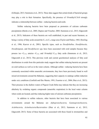   	
  
	
   	
  
	
   	
   	
  
41	
  
(Gillespie, 2013; Summons et al., 2013). These data suggest that certain kinds of bacterial groups
may play a role in their formation. Specifically, the presence of 10-methyl-C16:0 strongly
indicates a relationship between sulfate—reducing bacteria and ooids.
Sulfate reducing bacteria have been proposed as promoters of calcium carbonate
precipitation (Decho et al., 2005; Dupraz and Visscher, 2005; Summons et al., 2013; Edgecomb
et al., 2013). Indicators of these bacteria are well established, in past and recent literature, as
being a variety of fatty acids around the C12 to C19 range area (Taylor and Parkes, 1983; Dowling
et al., 1986; Kuever et al., 2001). Specific types, such as Desulfobulbus, Desulfobacula,
Desulfotignum, and Desulfobactor spp, have been associated with ooid samples because they
possess iso—C15:0, anteiso—C15:0, and 10-methyl C16:0 fatty acids (Summons et al., 2013;
Edgecomb et al., 2013). This previous work and current geochemical analyses of fatty acid
distributions in ooids from this particular study suggest that sulfate reducing bacteria are present
on ooid surfaces as well as in the water column. Although sulfate—reducing bacteria have been
commonly associated within anaerobic environments, they have been previously found in well
mixed environments around the Bahamas, suggesting their capacity to undergo sulfate reduction
under oxic conditions (Canfield and Des Marais, 1991; Fournier et al., 2004; Diaz et al., 2013).
Their presence in the shallow waters of Pigeon Creek Delta may indicate that they are increasing
alkalinity by oxidating organic compounds (anaerobic respiration) in the local water column
where ooids are located, and thus inducing higher rates of calcium carbonate precipitation.
In addition to sulfate reducers, other bacteria that have been associated in various
environments around the Bahamas are Alphaproteobacteria, Gammaproteobacteria,
Acidobacteria, Actinobacteria/Bacteriodetes (Diaz et al., 2013; Summons et al., 2013;
Edgecomb; 2013). Some of these bacteria are associated with those found in stromatolites and
 