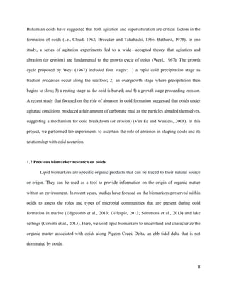   	
  
	
   	
  
	
   	
   	
  
8	
  
Bahamian ooids have suggested that both agitation and supersaturation are critical factors in the
formation of ooids (i.e., Cloud, 1962; Broecker and Takahashi, 1966; Bathurst, 1975). In one
study, a series of agitation experiments led to a wide—accepted theory that agitation and
abrasion (or erosion) are fundamental to the growth cycle of ooids (Weyl, 1967). The growth
cycle proposed by Weyl (1967) included four stages: 1) a rapid ooid precipitation stage as
traction processes occur along the seafloor; 2) an overgrowth stage where precipitation then
begins to slow; 3) a resting stage as the ooid is buried; and 4) a growth stage proceeding erosion.
A recent study that focused on the role of abrasion in ooid formation suggested that ooids under
agitated conditions produced a fair amount of carbonate mud as the particles abraded themselves,
suggesting a mechanism for ooid breakdown (or erosion) (Van Ee and Wanless, 2008). In this
project, we performed lab experiments to ascertain the role of abrasion in shaping ooids and its
relationship with ooid accretion.
1.2 Previous biomarker research on ooids
Lipid biomarkers are specific organic products that can be traced to their natural source
or origin. They can be used as a tool to provide information on the origin of organic matter
within an environment. In recent years, studies have focused on the biomarkers preserved within
ooids to assess the roles and types of microbial communities that are present during ooid
formation in marine (Edgecomb et al., 2013; Gillespie, 2013; Summons et al., 2013) and lake
settings (Corsetti et al., 2013). Here, we used lipid biomarkers to understand and characterize the
organic matter associated with ooids along Pigeon Creek Delta, an ebb tidal delta that is not
dominated by ooids.
 