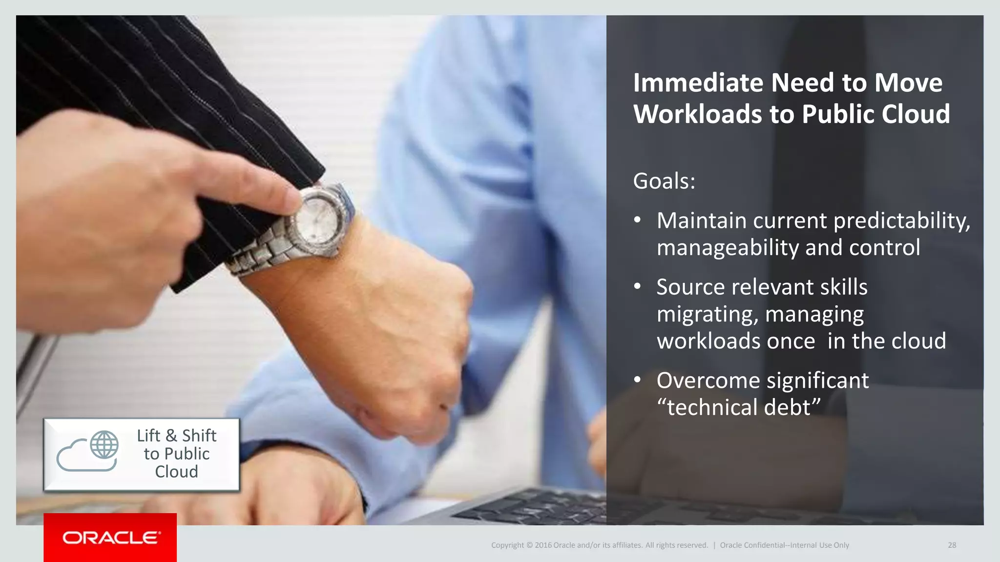Copyright © 2016 Oracle and/or its affiliates. All rights reserved. | Oracle Confidential--Internal Use Only 28
Immediate Need to Move
Workloads to Public Cloud
Goals:
• Maintain current predictability,
manageability and control
• Source relevant skills
migrating, managing
workloads once in the cloud
• Overcome significant
“technical debt”
Lift & Shift
to Public
Cloud
 