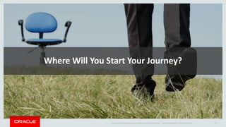 Copyright © 2016 Oracle and/or its affiliates. All rights reserved. |
Safe Harbor Statement
The following is intended to outline our general product direction. It is intended for
information purposes only, and may not be incorporated into any contract. It is not a
commitment to deliver any material, code, or functionality, and should not be relied upon
in making purchasing decisions. The development, release, and timing of any features or
functionality described for Oracle’s products remains at the sole discretion of Oracle.
Oracle Confidential--Internal Use Only 36
Where Will You Start Your Journey?
 