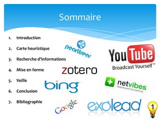 Sommaire
1. Introduction
2. Carte heuristique
3. Recherche d’informations
4. Mise en forme
5. Veille
6. Conclusion
7. Bibliographie
1
 