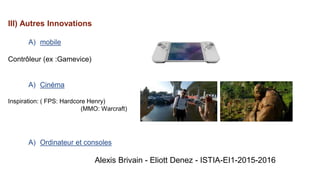 III) Autres Innovations
A) mobile
Contrôleur (ex :Gamevice)
A) Cinéma
Inspiration: ( FPS: Hardcore Henry)
(MMO: Warcraft)
A) Ordinateur et consoles
Alexis Brivain - Eliott Denez - ISTIA-EI1-2015-2016
 
