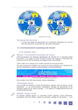 D5.2 - Participer à l'activité en ligne d'un groupe




                                 L'évolution du web

Les groupes de discussion
      Il existe des listes de discussion qui permettent d'échanger par courriel
       avec des personnes concernées par des sujets spécifiques


2. L'environnement numérique de travail

   a) En quelques mots ...
Définition : Environnement Numérique de Travail
L'Environnement (ou Espace) Numérique de Travail est un dispositif global
fournissant à un usager un point d'accès à travers les réseaux à l'ensemble des
ressources et services numériques en rapport avec son activité.

L'ENT n'offre en lui-même qu'un nombre restreint de services de base.
Son rôle principal est d'intégrer les services et de les présenter aux utilisateurs de
manière cohérente, unifiée, personnalisée et personnalisable.




                        Environnement numérique de travail
Pour accéder à son ENT personnalisé, il faut s'identifier.

Terminologie voisine
Il est possible de bénéficier d'outils d'organisation (agenda, liste des tâches, carnet
d'adresses, ...), de communication (messagerie, partage de documents) et de
stockage (espace privé, espace partagé, ...) en relation ou indépendamment de son
activité professionnelle.

Définition : Bureau virtuel
Un bureau virtuel désigne un ensemble d'outils (agenda, carnet d'adresses,
messagerie, liste des tâches, espace de stockage, partage de documents, ...) sur




                                                                                      17
 