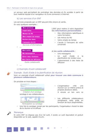 D5.2 - Participer à l'activité en ligne d'un groupe

         un serveur web permettant de centraliser des données et d'y accéder à partir de
         tout matériel équipé d'un navigateur et d'une connexion à Internet.

              b) Les services d'un ENT
         Les services proposés par un ENT peuvent être divers et variés.
         En voici quelques exemples :

                                                         L'ENT peut mettre à votre disposition
                                                         des informations personnalisées :
                                                             Des informations spécifiques à
                                                                votre formation
                                                             Les menus du RU
                                                             Votre emploi du temps
                                                             L'accès à l'annuaire de votre
                        Services d'informations                 université
                 ...

                                                         et des outils collaboratifs :
                                                              Une messagerie
                                                              Un       outil   d'aide   à   la
                                                                planification de rendez-vous
                                                              L'abonnement à des listes de
                          Outils collaboratifs                  diffusion
                 ...

              c) Exemple d'outil collaboratif
          Exemple : Outil d'aide à la planification de réunion
         Voici un exemple d'outil collaboratif utilisé pour trouver une date commune à
         plusieurs collaborateurs.

         On procède en trois étapes :

                                                                L'organisateur    crée    une
                                                                 réunion sur un thème précis et
                                                                 propose plusieurs dates.
                     Création d'un sondage                       Il envoie un lien vers ce
                  sondage à ses collaborateurs.

                                                                Les différents collaborateurs
                                                                 remplissent cette grille en
                                                                 fonction de leurs disponibilités.
                     Participation au sondage
                 Une fois le sondage rempli par les participants, l'organisateur choisit la date
                  de la réunion et la diffuse.

          Remarque
         Si votre ENT ne dispose pas d'un tel outil, il existe un outil équivalent et gratuit
         disponible sur le web, appelé Doodle.




 18
 