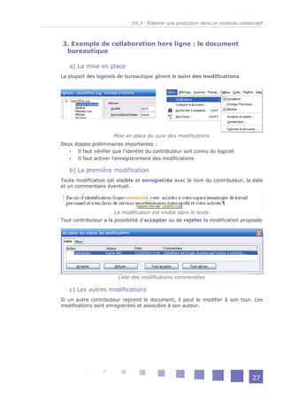 D5.3 - Élaborer une production dans un contexte collaboratif



3. Exemple de collaboration hors ligne : le document
 bureautique

   a) La mise en place
La plupart des logiciels de bureautique gèrent le suivi des modifications.




                      Mise en place du suivi des modifications
Deux étapes préliminaires importantes :
    Il faut vérifier que l'identité du contributeur soit connu du logiciel
    Il faut activer l'enregistrement des modifications

   b) La première modification
Toute modification est visible et enregistrée avec le nom du contributeur, la date
et un commentaire éventuel.




                       La modification est visible dans le texte
Tout contributeur a la possibilité d'accepter ou de rejeter la modification proposée




                        Liste des modifications commentées

   c) Les autres modifications
Si un autre contributeur reprend le document, il peut le modifier à son tour. Les
modifications sont enregistrées et associées à son auteur.




                                                                                     27
 