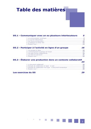 Table des matières




D5.1 - Communiquer avec un ou plusieurs interlocuteurs                                                                             5
            1.   La communication numérique...................................................................................5
            2.   Le courrier électronique............................................................................................5
            3.   Les forums de discussion........................................................................................10
            4.   Le dialogue en temps réel.......................................................................................12
            5.   Évaluez-vous !......................................................................................................14


D5.2 - Participer à l'activité en ligne d'un groupe                                                                             16
            1.   Les groupes en ligne..............................................................................................16
            2.   L'environnement numérique de travail.....................................................................17
            3.   Les plate-formes collaboratives...............................................................................19
            4.   Les listes de discussion..........................................................................................21
            5.   Évaluez-vous !......................................................................................................22


D5.3 - Élaborer une production dans un contexte collaboratif
                                                            24
            1.   Le document collaboratif........................................................................................24
            2.   Exemple de collaboration en ligne : le wiki................................................................24
            3.   Exemple de collaboration hors ligne : le document bureautique...................................27
            4.   Évaluez-vous !......................................................................................................29


Les exercices du D5                                                                                                             29




                                                                                                                                 3
 