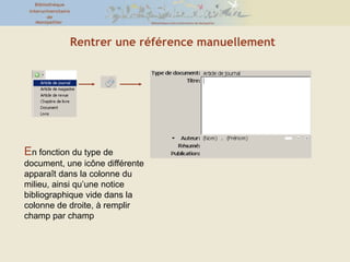Janvier-Février 2011Rédiger une bibliographie : exemples (2)Normes bibliographiques : des exemplesUn article d’encyclopédie :  ex. normes françaises vs. APALigou, D., « Franc-maçonnerie », in Albert Soboul (éd.), Dictionnaire historique de la Révolution française, Paris, PUF, 1989, p. 475-481.John Maynard Keynes. (2011, janvier 31). Wikipédia, l'encyclopédie libre. Page consultée le 15:30, février 4, 2011 à partir de http://fr.wikipedia.org/w/index.php?title=John_Maynard_Keynes&oldid=61821776. Si un document est consulté en ligne : précision à rajouter[En ligne : adresse URL]. Consulté le Date.Un site Web :Équipe de recherche Fabula. “Fabula, la recherche en littérature.” Web. 4 Fév 2011.