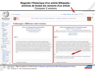 2017-2018
C2I – Domaine 4 – FST Université de La Réunion
39
Regarder l'Historique d'un article Wikipedia :
archives de toutes les versions d'un article
Comparer 2 versions
Page consultée le 15/10/2015 https://fr.wikipedia.org/w/index.php?title=Volkswagen&action=history
 
