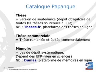 2017-2018
C2I – Domaine 4 – FST Université de La Réunion
16
Catalogue Papangue
Thèse
= version de soutenance (dépôt obligatoire de
toutes les thèses soutenues à l'UR)
NB : Theses.fr, plateforme des thèses en ligne
Thèse commerciale
= Thèse remaniée et éditée commercialement
Mémoire
= pas de dépôt systématique.
Dépend des UFR (rien en sciences)
NB : Dumas, plateforme de mémoires en ligne
 