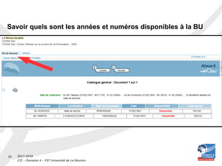 2017-2018
C2I – Domaine 4 – FST Université de La Réunion
20
Savoir quels sont les années et numéros disponibles à la BU
 