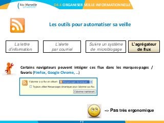 Les outils pour automatiser sa veille
D4.4 ORGANISER VEILLE INFORMATIONNELLE
L’agrégateur
de flux
La lettre
d’information
L’alerte
par courriel
Suivre un système
de microblogage
Certains navigateurs peuvent intégrer ces flux dans les marques-pages /
favoris (Firefox, Google Chrome, …)
=> Pas très ergonomique
72
 