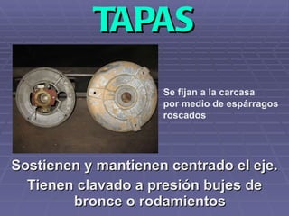 TAPAS Sostienen y mantienen centrado el eje. Tienen clavado a presión bujes de bronce o rodamientos Se fijan a la carcasa por medio de espárragos roscados 