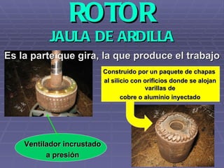 ROTOR JAULA DE ARDILLA Es la parte que gira, la que produce el trabajo Ventilador incrustado a presión Construido por un paquete de chapas  al silicio con orificios donde se alojan varillas de cobre o aluminio inyectado 