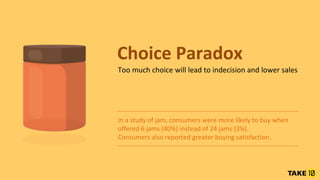 Choice Paradox
Too much choice will lead to indecision and lower sales
In a study of jam, consumers were more likely to buy when
offered 6 jams (40%) instead of 24 jams (3%).
Consumers also reported greater buying satisfaction.
 