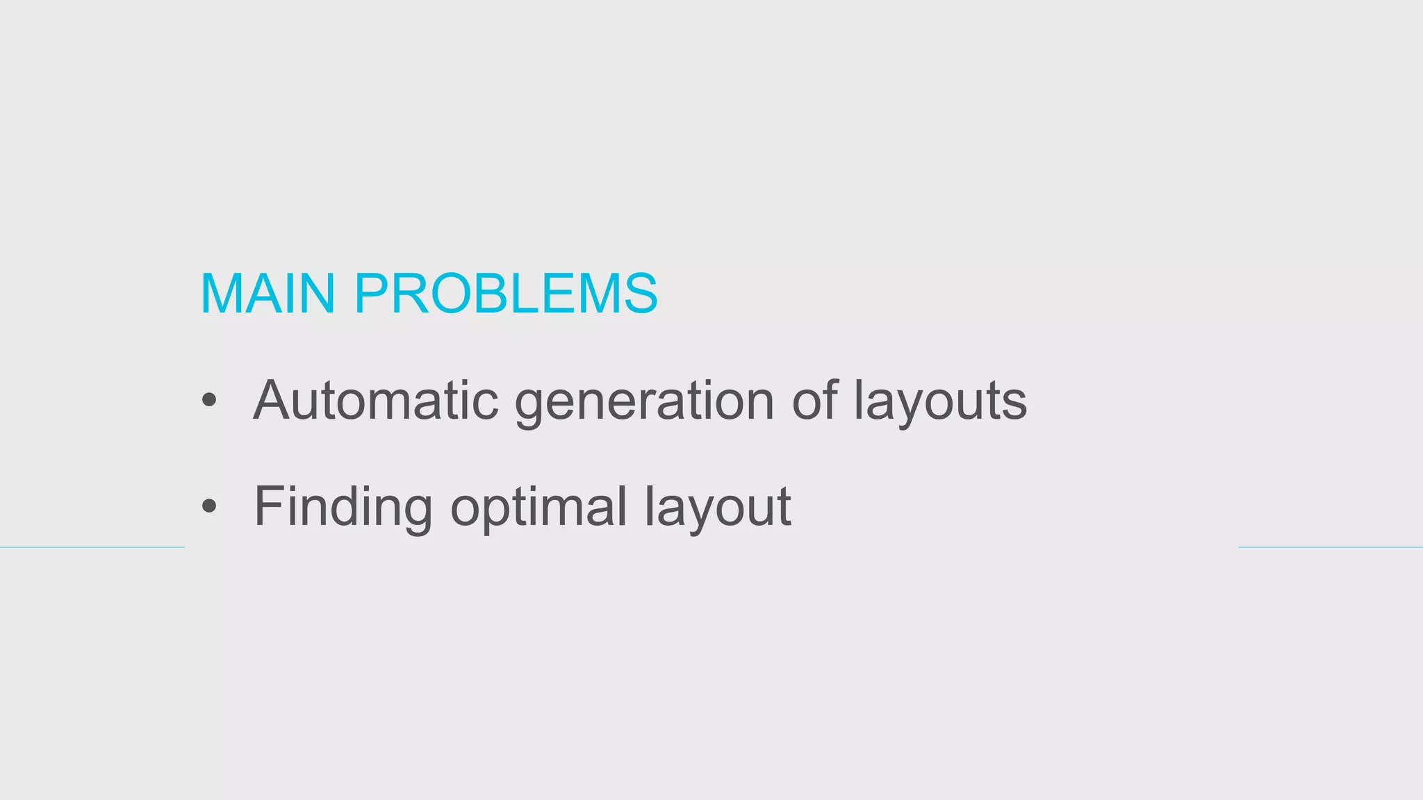 MAIN PROBLEMS 
•Automatic generation of layouts 
•Finding optimal layout  