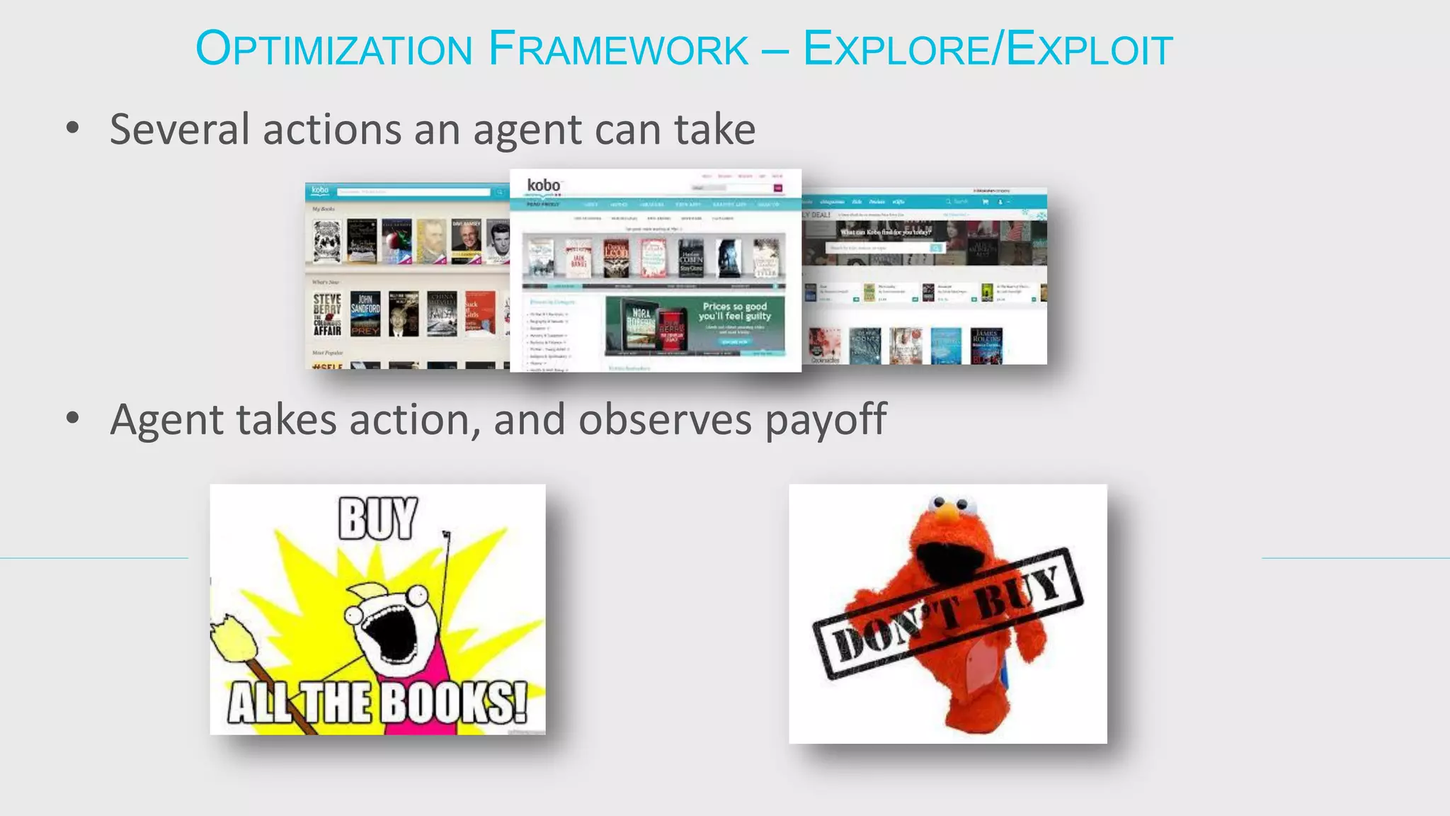 OPTIMIZATION FRAMEWORK – EXPLORE/EXPLOIT 
•Several actions an agent can take 
•Agent takes action, and observes payoff  