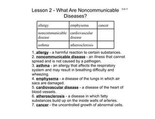 Lesson 2 - What Are Noncommunicable                 5-9-11


             Diseases?
   allergy            emphysema         cancer

   noncommunicable cardiovascular
   disease         disease
   asthma             atherosclerosis
1. allergy - a harmful reaction to certain substances.
2. noncommunicable disease - an illness that cannot
spread and is not caused by a pathogen.
3. asthma - an allergy that affects the respiratory
system and may result in breathing difficulty and
wheezing.
4. emphysema - a disease of the lungs in which air
sacs are damaged.
5. cardiovascular disease - a disease of the heart of
blood vessels.
6. atherosclerosis - a disease in which fatty
substances build up on the inside walls of arteries.
7. cancer - the uncontrolled growth of abnormal cells.
 
