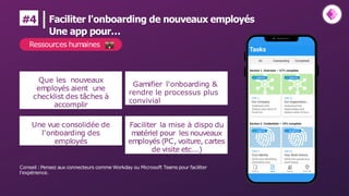 Que les nouveaux
employés aient une
checklist des tâches à
accomplir
Une vue consolidée de
l'onboarding des
employés
Gamifier l'onboarding &
rendre le processus plus
convivial
Conseil :Pensez aux connecteurs comme Workday ou Microsoft Teams pour faciliter
l'expérience.
Faciliter la mise à dispo du
matériel pour les nouveaux
employés (PC, voiture, cartes
de visite etc...)
Ressources humaines
Faciliter l'onboarding de nouveaux employés
Une app pour…
#4
 