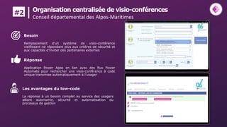 Réponse
Application Power Apps en lien avec des flux Power
Automate pour rechercher une visio-conférence à code
unique transmise automatiquement à l’usager
Organisation centralisée de visio-conférences
Conseil départemental des Alpes-Maritimes
#2
Les avantages du low-code
La réponse à un besoin complet au service des usagers
alliant autonomie, sécurité et automatisation du
processus de gestion
Besoin
Remplacement d’un système de visio-conférence
vieillissant ne répondant plus aux critères de sécurité et
aux capacités d’inviter des partenaires externes
 