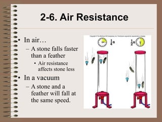 2-6. Air Resistance

• In air…
  – A stone falls faster
    than a feather
     • Air resistance
       affects stone less
• In a vacuum
  – A stone and a
    feather will fall at
    the same speed.
 