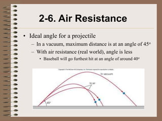 2-6. Air Resistance
• Ideal angle for a projectile
   – In a vacuum, maximum distance is at an angle of 45o
   – With air resistance (real world), angle is less
      • Baseball will go furthest hit at an angle of around 40o
 