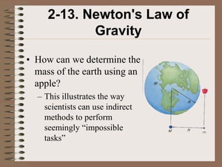 2-13. Newton's Law of
            Gravity

• How can we determine the
  mass of the earth using an
  apple?
  – This illustrates the way
    scientists can use indirect
    methods to perform
    seemingly “impossible
    tasks”
 
