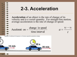 2-3. Acceleration
Acceleration of an object is the rate of change of its
velocity and is a vector quantity. For straight-line motion,
average acceleration is the rate of change of speed:

                 change in speed                    vf       vi
Accelerati on                                  a
                   time interval                         t
 