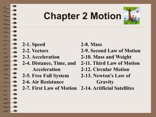 Chapter 2 Motion

2-1. Speed                 2-8. Mass
2-2. Vectors               2-9. Second Law of Motion
2-3. Acceleration          2-10. Mass and Weight
2-4. Distance, Time, and   2-11. Third Law of Motion
     Acceleration          2-12. Circular Motion
2-5. Free Fall System      2-13. Newton's Law of
2-6. Air Resistance               Gravity
2-7. First Law of Motion   2-14. Artificial Satellites
 