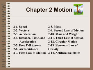 Chapter 2 Motion
2-1. Speed
2-2. Vectors
2-3. Acceleration
2-4. Distance, Time, and
Acceleration
2-5. Free Fall System
2-6. Air Resistance
2-7. First Law of Motion

2-8. Mass
2-9. Second Law of Motion
2-10. Mass and Weight
2-11. Third Law of Motion
2-12. Circular Motion
2-13. Newton's Law of
Gravity
2-14. Artificial Satellites

 