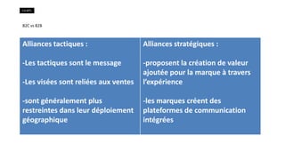 C2-MTL

B2C vs B2B

Alliances tactiques :

Alliances stratégiques :

-Les tactiques sont le message
-Les visées sont reliées aux ventes

-proposent la création de valeur
ajoutée pour la marque à travers
l’expérience

-sont généralement plus
restreintes dans leur déploiement
géographique

-les marques créent des
plateformes de communication
intégrées

 