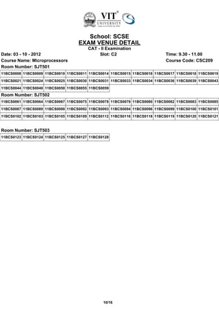 School: SCSE
                                   EXAM VENUE DETAIL
                                       CAT - II Examination
Date: 03 - 10 - 2012                        Slot: C2                       Time: 9.30 - 11.00
Course Name: Microprocessors                                               Course Code: CSC209
Room Number: SJT501
11BCS0008 11BCS0009 11BCS0010 11BCS0011 11BCS0014 11BCS0015 11BCS0016 11BCS0017 11BCS0018 11BCS0019
11BCS0021 11BCS0024 11BCS0025 11BCS0030 11BCS0031 11BCS0033 11BCS0034 11BCS0036 11BCS0039 11BCS0043
11BCS0044 11BCS0048 11BCS0050 11BCS0055 11BCS0059
Room Number: SJT502
11BCS0061 11BCS0064 11BCS0067 11BCS0075 11BCS0078 11BCS0079 11BCS0080 11BCS0082 11BCS0083 11BCS0085
11BCS0087 11BCS0089 11BCS0090 11BCS0092 11BCS0093 11BCS0094 11BCS0096 11BCS0099 11BCS0100 11BCS0101
11BCS0102 11BCS0103 11BCS0105 11BCS0109 11BCS0112 11BCS0116 11BCS0118 11BCS0119 11BCS0120 11BCS0121


Room Number: SJT503
11BCS0123 11BCS0124 11BCS0125 11BCS0127 11BCS0128




                                              10/16
 
