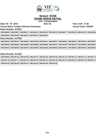 School: SCSE
                                   EXAM VENUE DETAIL
                                     CAT - II Examination
Date: 03 - 10 - 2012                      Slot: C2                         Time: 9.30 - 11.00
Course Name: Problem Solving Techniques                                    Course Code: CSC201
Room Number: SJT421
12BCS0005 12BCS0007 12BCS0011 12BCS0012 12BCS0014 12BCS0016 12BCS0017 12BCS0018 12BCS0019 12BCS0020
12BCS0022 12BCS0024 12BCS0027 12BCS0031 12BCS0032
Room Number: SJT422
12BCS0035 12BCS0037 12BCS0038 12BCS0039 12BCS0041 12BCS0047 12BCS0050 12BCS0051 12BCS0053 12BCS0057
12BCS0059 12BCS0064 12BCS0065 12BCS0068 12BCS0069 12BCS0073 12BCS0078 12BCS0079 12BCS0080 12BCS0081
12BCS0082 12BCS0085 12BCS0087 12BCS0088 12BCS0089 12BCS0090 12BCS0091 12BCS0093 12BCS0095 12BCS0097


Room Number: SJT423
12BCS0099 12BCS0102 12BCS0106 12BCS0107 12BCS0108 12BCS0109 12BCS0110 12BCS0112 12BCS0114 12BCS0115
12BCS0116 12BCS0117 12BCS0123 12BCS0124 12BCS0127 12BCS0130 12BCS0133 12BCS0135 12BCS0139 12BCS0141
12BCS0145 12BCS0146 12BCS0147 12BCS0148 12BCS0149 12BCS0150




                                               8/16
 