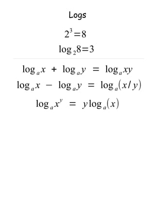 Logs
2
3
=8
log 82 =3
log xa + log ya = log xya
log xa − log ya = log (x/ y)a
log x
y
a = ylog (x)a
 