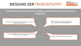 MESSUNG DER PRODUKTIVITÄT
Content Marketing unterliegt einem ständigen Audit der Prozessschritte und deren
Ergebnissen.
Welche Assets haben länger gebraucht oder mehr
gekostet als geplant?
Welche Schritte im Prozess schränken
die Kreativität und Produktivität ein?
Wo läßt sich die Aktivierung verbessern?
Welche geplanten High-Flyer waren in Wahrheit Low
Performer? Und umgekehrt?
 