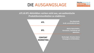 DIE AUSGANGSLAGE
5
ATL & BTL Aktivitäten reichen nicht aus, um authentische
Produktkommunikation zu etablieren.
ATL
BTL
CONTENT
MARKETING
Eine Botschaft.
Groß, verständlich & laut.
Mehre Botschaften.
Konsistent, Verlinkung auf
Mehrwert.
Restbudget. Einzelne kleine
Kampagnen & Aktivitäten.
 