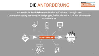 DIE ANFORDERUNG
6
Authentische Produktkommunikation soll mittels strategischem
Content Marketing den Weg zur Zielgruppe finden, die mit ATL & BTL alleine nicht
erreichbar ist.
CONTENT
SEEDING
SOCIA
L
MOBIL
E
DEIN
PRODU
KT
DEINE ZIELGRUPPECONTENT MARKETING
BLOGS YOUTUBE
 