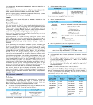 This benefit will be payable on the earlier of death and diagnosis of
terminal illness.
Upon premium discontinuance, if the policy has acquired surrender
value, Maturity Benefit for the ROP option will be as follows.
Paid Up Sum Assured = Guaranteed Sum Assured on Maturity ×(Total
Premiums Paid )/(Total Premiums Payable )
Health-
Grace Period - Grace Period of 30 days for renewal is provided for the
health policy.
Terms of Renewal:
Life-long Renewal: We offer life-long renewal regardless of your health
status or previous claims made under your policy, unless the Insured
Person or any one acting on behalf of an Insured Person acts in a
dishonest or fraudulent manner or if there is any misrepresentation
under or in relation to this policy or it pose a moral hazard.
Waiting Period: The waiting periods will get reduced by 1 year on every
continuous renewal of your policy.
Renewal premium are subject to change with prior approval from
IRDAI. Any change in benefits or premium (other than due to change in
Age) will be done with the approval of the Insurance Regulatory and
Development Authority and will be intimated at least 3 months in
advance.
In the likelihood of this policy being withdrawn in future, intimation will
be sent to insured person about the same 3 months prior to expiry of the
policy. Insured Person will have the option to migrate to similar
indemnity health insurance policy available with us at the time of
renewal with all the accrued continuity benefits such as Multiplier
Benefit, waiver of waiting period etc; provided the policy has been
maintained without a break as per portability guidelines issued by IRDAI.
Sum Insured Enhancement: Sum Insured can be enhanced only at the
time of renewal subject to no claim having been lodged/paid under the
Policy. If the insured increases the Sum Insured one grid up, no fresh
medicals shall be required. In case where the Sum Insured increase is
more than one grid up, the case shall be subject to medicals. In case of
increase in the Sum Insured, waiting period will apply afresh for the
amount by which the Sum Insured has been enhanced. However, the
quantum of increase shall be at the discretion of the company.
Any Insured Person in the Click2Protect Health has the option to
discontinue this policy and take an individual policy with the respective
Insurer subject to terms and conditions of that policy and guidelines
issued by IRDAI.
Can I surrender any policy?
Protection:
Surrender Values are payable during the policy term, provided no
claims have been made under the policy. All surrender values are
guaranteed and are described below. Special Surrender Values are
equal to the corresponding Guaranteed Surrender Values.
1. All options except Income Replacement, Return of Premium, Life
Long Protection & 3D Life Long Protection Options
No surrender value is payable for all other cases
70% × Total Premiums Paid×
(Unexpired Policy Term /
Original Policy Term )
Limited Pay (LP)Single Pay (SP)
70% × SP×
(Unexpired Policy Term /
Original Policy Term )
2 year Policy1 year Policy
Length of time
Policy in force
Refund of
premium
Length of time
Policy in force
Refund of
premium
Upto 1 Month
Upto 3 Months
Upto 6 Months
Exceeding 6
Months
75.00%
50.00%
25.00%
Nil
Upto 1 Month
Upto 3 Months
Upto 6 Months
Upto 12 Months
Upto 15 Months
Upto 18 Months
Exceeding 18
Months
87.50%
75.00%
62.50%
48.00%
25.00%
12.00%
Nil
No surrender value is payable for all other cases
70% × Total Premiums Paid×
((Unexpired Policy Term )/
(Original Policy Term ))^2
Limited Pay (LP)Single Pay (SP)
70% × SP×
((Unexpired Policy Term )/
(Original Policy Term ))^2
2. Income Replacement Option
4. Life Long Protection & 3D Life Long Protection Options
Surrender Value
70% × Total Premiums Paid×
(Max (0,100 – Age at Surrender)) / (100 – Age at Entry)
Within first 3 policy years (if surrender value is acquired)
30% × Total Premiums Paid
4th& 5th Policy Year
50% × Total Premiums Paid
6th Policy Year onwards
[50%+(40%)/((PT-5 ) )×(PY-5) ]× Total Premiums Paid
Where,
PT= Original Policy Term
PY= Policy Year of Surrender
Limited Pay (LP)Single Pay (SP)
Within first
3 policy years
70% × SP
4th Policy
Year Onwards
90% × SP
3. Return of Premium Option
• Surrender Value gets acquired immediately on payment of single
premium
• For Limited and Regular Payment policies, Surrender Value gets
acquired upon payment of premiums for 2 years - in case premium
payment term is less than 10.
• For other cases, surrender value gets acquired on payment of
premiums for 3 years
Health (Cancellation Other than free look cancellation)
You may terminate this Policy at any time by giving us written notice,
and the Policy shall terminate when such written notice is received. If
no claim has been made under the Policy, then We will refund premium
in accordance with the table below:
 