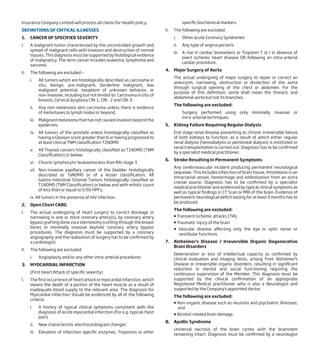 Insurance Company Limited will process all claims for Health policy.
DEFINITIONS OF CRITICAL ILLNESSES
1. CANCER OF SPECIFIED SEVERITY
I. A malignant tumor characterized by the uncontrolled growth and
spread of malignant cells with invasion and destruction of normal
tissues. This diagnosis must be supported by histological evidence
of malignancy. The term cancer includes leukemia, lymphoma and
sarcoma.
II. The following are excluded –
i. All tumors which are histologically described as carcinoma in
situ, benign, pre-malignant, borderline malignant, low
malignant potential, neoplasm of unknown behavior, or
non-invasive, including but not limited to: Carcinoma in situ of
breasts, Cervical dysplasia CIN-1, CIN - 2 and CIN-3.
ii. Any non-melanoma skin carcinoma unless there is evidence
of metastases to lymph nodes or beyond;
iii. Malignant melanoma that has not caused invasion beyond the
epidermis;
iv. All tumors of the prostate unless histologically classified as
having a Gleason score greater than 6 or having progressed to
at least clinical TNM classification T2N0M0
v. All Thyroid cancers histologically classified as T1N0M0 (TNM
Classification) or below;
vi. Chronic lymphocytic leukaemia less than RAI stage 3
vii. Non-invasive papillary cancer of the bladder histologically
described as TaN0M0 or of a lesser classification, All
Gastro-Intestinal Stromal Tumors histologically classified as
T1N0M0 (TNM Classification) or below and with mitotic count
of less than or equal to 5/50 HPFs;
ix. All tumors in the presence of HIV infection.
2. Open Chest CABG
I. The actual undergoing of heart surgery to correct blockage or
narrowing in one or more coronary artery(s), by coronary artery
bypass grafting done via a sternotomy (cutting through the breast
bone) or minimally invasive keyhole coronary artery bypass
procedures. The diagnosis must be supported by a coronary
angiography and the realization of surgery has to be confirmed by
a cardiologist.
II. The following are excluded:
i. Angioplasty and/or any other intra-arterial procedures
3. MYOCARDIAL INFARCTION
(First Heart Attack of specific severity)
I. The first occurrence of heart attack or myocardial infarction, which
means the death of a portion of the heart muscle as a result of
inadequate blood supply to the relevant area. The diagnosis for
Myocardial Infarction should be evidenced by all of the following
criteria:
i. A history of typical clinical symptoms consistent with the
diagnosis of acute myocardial infarction (For e.g. typical chest
pain)
ii. New characteristic electrocardiogram changes
iii. Elevation of infarction specific enzymes, Troponins or other
specific biochemical markers.
II. The following are excluded:
i. Other acute Coronary Syndromes
ii. Any type of angina pectoris
iii. A rise in cardiac biomarkers or Troponin T or I in absence of
overt ischemic heart disease OR following an intra-arterial
cardiac procedure.
4. Major Surgery of Aorta
The actual undergoing of major surgery to repair or correct an
aneurysm, narrowing, obstruction or dissection of the aorta
through surgical opening of the chest or abdomen. For the
purpose of this definition, aorta shall mean the thoracic and
abdominal aorta but not its branches.
The following are excluded:
Surgery performed using only minimally invasive or
intra-arterial techniques.
5. Kidney Failure Requiring Regular Dialysis
End stage renal disease presenting as chronic irreversible failure
of both kidneys to function, as a result of which either regular
renal dialysis (hemodialysis or peritoneal dialysis) is instituted or
renal transplantation is carried out. Diagnosis has to be confirmed
by a specialist medical practitioner.
6. Stroke Resulting In Permanent Symptoms
Any cerebrovascular incident producing permanent neurological
sequelae. This includes infarction of brain tissue, thrombosis in an
intracranial vessel, hemorrhage and embolization from an extra
cranial source. Diagnosis has to be confirmed by a specialist
medical practitioner and evidenced by typical clinical symptoms as
well as typical findings in CT Scan or MRI of the brain. Evidence of
permanent neurological deficit lasting for at least 3 months has to
be produced.
The following are excluded:
 Transient ischemic attacks (TIA)
 Traumatic injury of the brain
 Vascular disease affecting only the eye or optic nerve or
vestibular functions.
7. Alzheimer's Disease / Irreversible Organic Degenerative
Brain Disorders
Deterioration or loss of intellectual capacity as confirmed by
clinical evaluation and imaging tests, arising from Alzheimer's
Disease or irreversible organic disorders, resulting in significant
reduction in mental and social functioning requiring the
continuous supervision of the Member. This diagnosis must be
supported by the clinical confirmation of an appropriate
Registered Medical practitioner who is also a Neurologist and
supported by the Company’s appointed doctor.
The following are excluded:
 Non-organic disease such as neurosis and psychiatric illnesses;
and
 Alcohol-related brain damage.
8. Apallic Syndrome
Universal necrosis of the brain cortex with the brainstem
remaining intact. Diagnosis must be confirmed by a neurologist
 