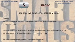 Todo objetivo debe ser específico y claro
Ejemplos:
“Actualizar la base de proveedores de la Empresa antes del 30 de Julio de 2011...”
Es específico y claro
“Incrementar un 10% la participación en el mercado (medida en $) del producto xx (de un 5%
a 5,5%) antes del 31 de Diciembre de 2011...” Es específico y claro
“Actualizar algunas bases de datos...” No es específico ni claro
SPECIFICS
EVALUACION DE DESEMPEÑO Formación de Mandos Medios
Orientación Educativa
 