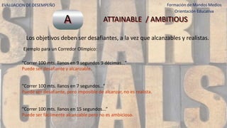 A ATTAINABLE / AMBITIOUS
Los objetivos deben ser desafiantes, a la vez que alcanzables y realistas.
Ejemplo para un Corredor Olímpico:
“Correr 100 mts. llanos en 9 segundos 9 décimas...”
Puede ser desafiante y alcanzable.
“Correr 100 mts. llanos en 7 segundos...”
Puede ser desafiante, pero imposible de alcanzar, no es realista.
“Correr 100 mts. llanos en 15 segundos...”
Puede ser fácilmente alcanzable pero no es ambicioso.
EVALUACION DE DESEMPEÑO Formación de Mandos Medios
Orientación Educativa
 