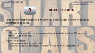 R RESULT ORIENTED
Todo objetivo debe expresarse en términos de resultados y no en términos de
expresiones de deseo.
Resultados:
“Entrenar a los vendedores de la unidad x en el uso de la planilla de cálculo B33 para el
mes de Diciembre de 2010...”
Expresiones de deseo:
“Esforzarse para tratar de vender más”
“Hacer todo lo posible para reducir el índice de errores del proceso productivo xx”
EVALUACION DE DESEMPEÑO Formación de Mandos Medios
Orientación Educativa
 