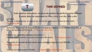 T TIME DEFINED
Todo objetivo debe tener un plazo de realización perfectamente definido.
El plazo debe ser expresado en mes y año, o en día, mes y año
Ejemplos:
“Diseñar e implementar un sistema de control de costos para el mes de Julio 2010. . .”
Tiene mes y año.
“Aumentar el volumen de facturación de la unidad de negocios A a $ 500.000 en un año, al
cierre del ejercicio 31/12/2014. . .” Tiene día, mes y año.
Examine los siguientes ejemplos incorrectos:
“Diseñar e implementar un sistema de control de costos. . .” No figura el plazo.
“Aumentar el volumen de facturación de la unidad de negocios A a $ 500.000. . .”
No figura el plazo.
“Instalar un sistema ww en 90 días. . .” ¿Cuándo vencen los 90 días?.
EVALUACION DE DESEMPEÑO Formación de Mandos Medios
Orientación Educativa
 