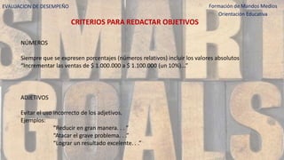 NÚMEROS
Siempre que se expresen porcentajes (números relativos) incluir los valores absolutos
“Incrementar las ventas de $ 1.000.000 a $ 1.100.000 (un 10%)...”
ADJETIVOS
Evitar el uso incorrecto de los adjetivos.
Ejemplos:
“Reducir en gran manera. . . ”
“Atacar el grave problema. . .”
“Lograr un resultado excelente. . .”
CRITERIOS PARA REDACTAR OBJETIVOS
EVALUACION DE DESEMPEÑO Formación de Mandos Medios
Orientación Educativa
 